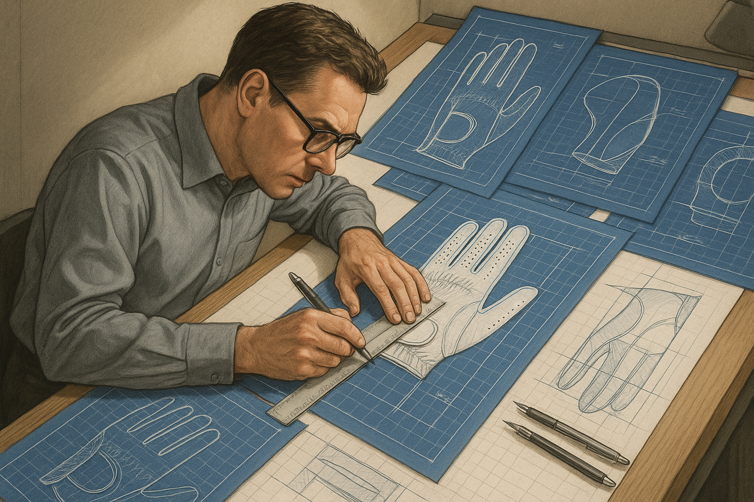 guy sketching a golf glove design. blue prints
